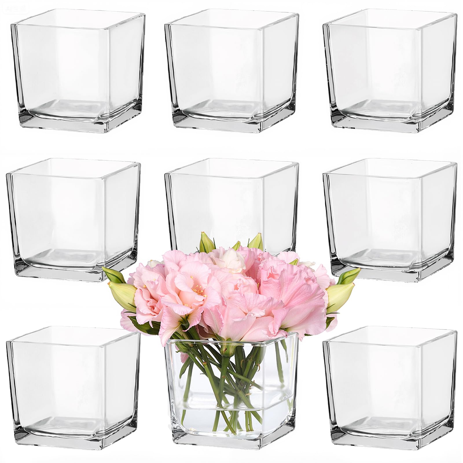 Photo 1 of CONNOO 9 Pack Square Glass Vase 4" x 4" x 4", Clear Bulk Flower Vases for Centerpieces, Square Glass Cube Vase Floating Candle Holders for Wedding Party Home Decor