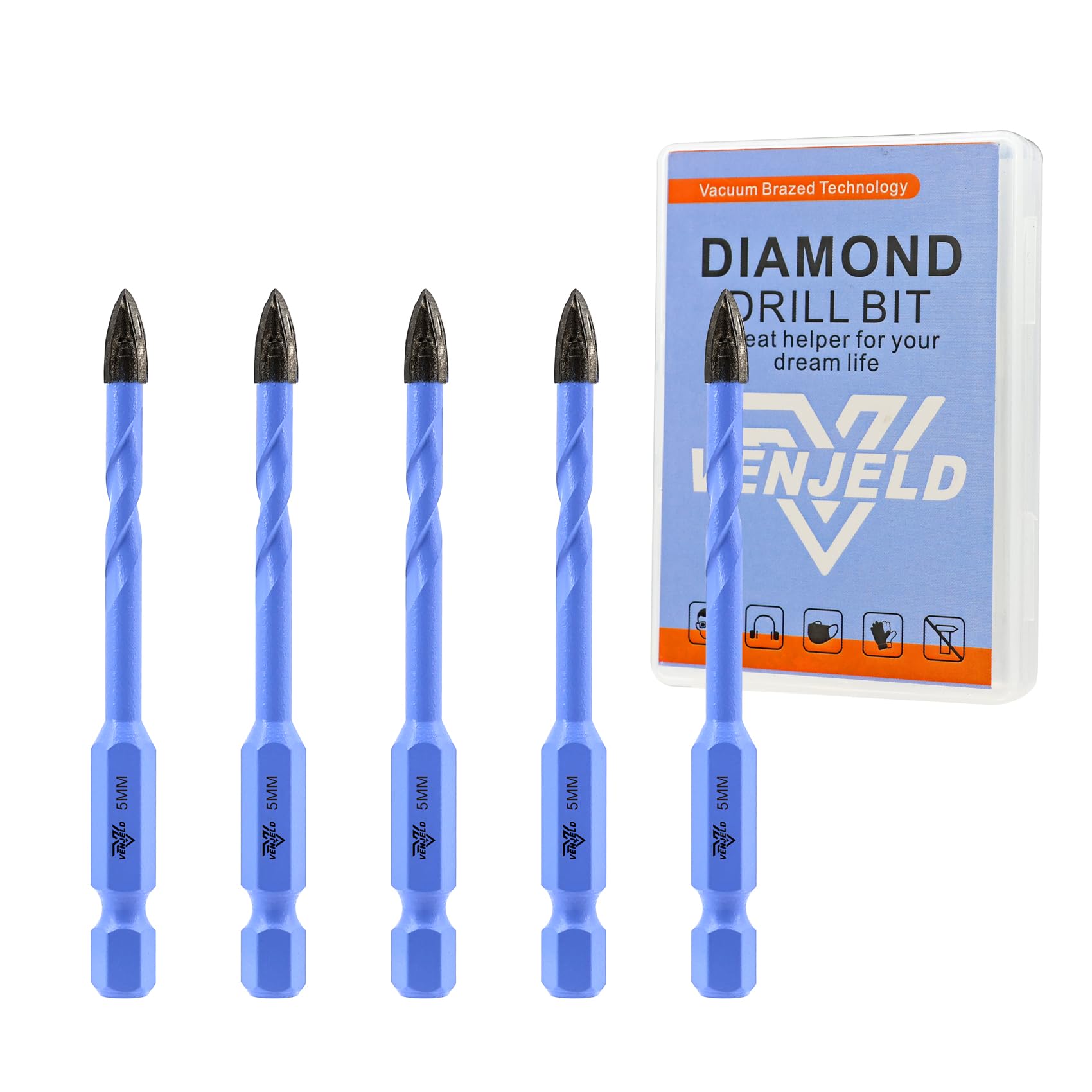 VENJELD Masonry Drill Bits Set - 5mm 5Pcs Carbide Drill Bit for Wood Plastic Masonry Ceramic Tile Concrete Marble - Quick Change Hex Shank with Storage Case