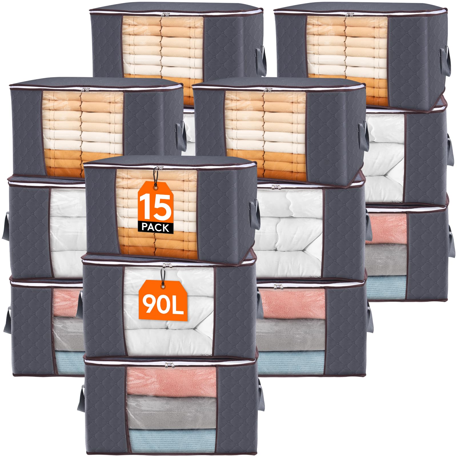 Lifewit 15 Pack 90L Clothes Storage Bins with Lids, Foldable Blanket Storage Bags with Zippers, Clear Window and Reinforced Handles, Closet and Organization for Clothing, Sweater, Comforter, Bedding Image