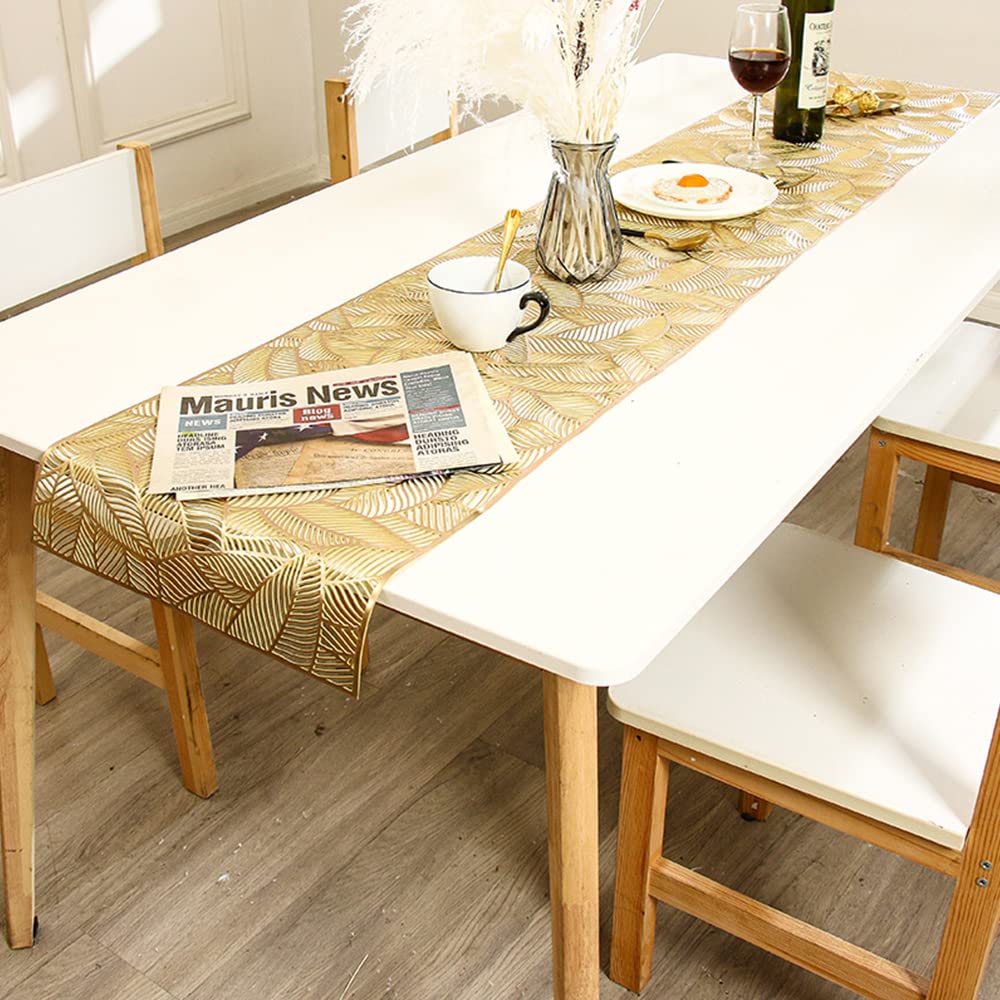 Hosoncovy PVC Hollow Table Runner Non-slip Leaf Decorative Table Mats Placemat for Home Party Kitchen Dining Wedding Decor (180CM X 35CM) (Gold)