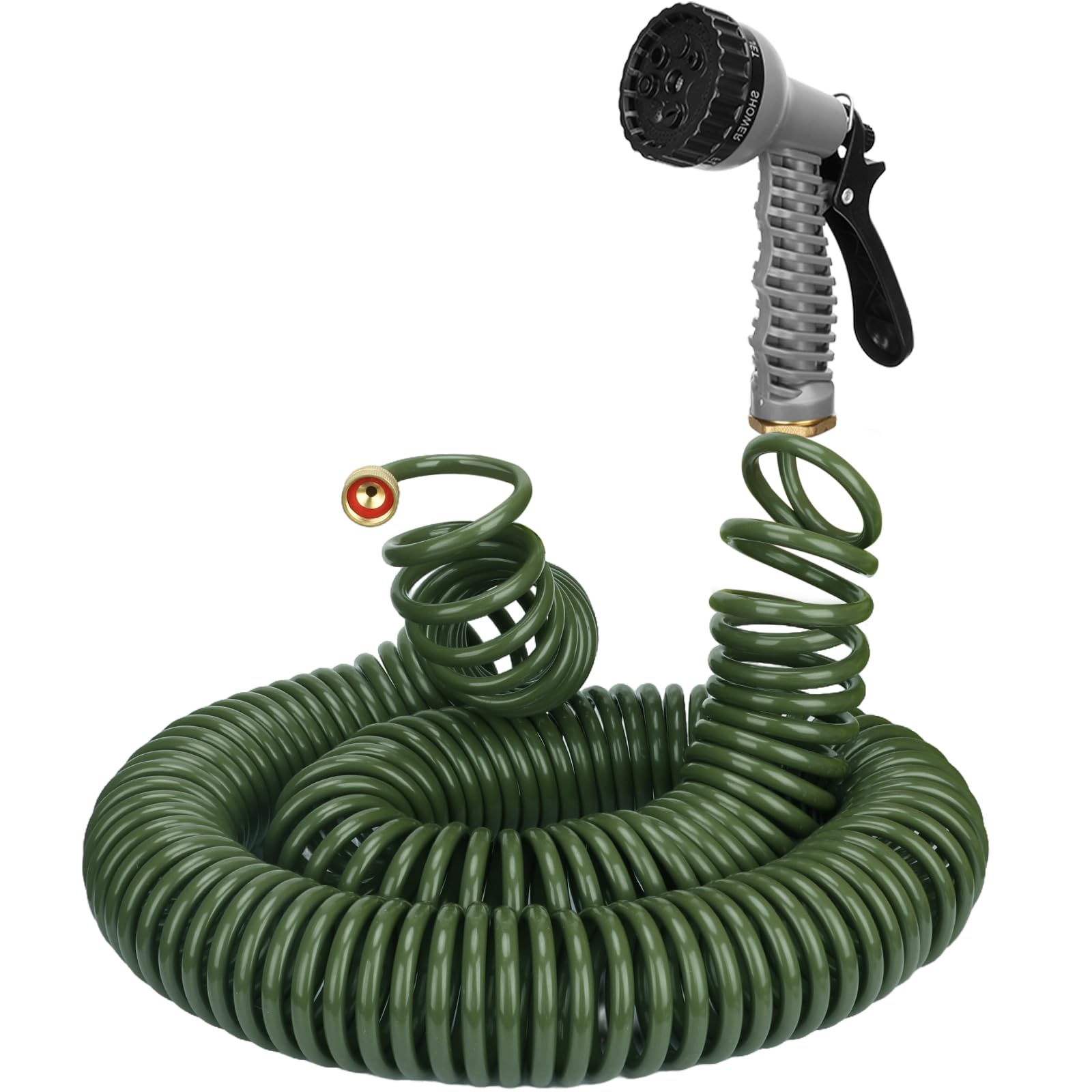 Photo 1 of 50 FT 3/8" Lightweight Coiled Garden Hose EVA Flexible with 7 Function Nozzles and Brass Connectors for Garden Watering Plants Greenhouses Patios Olive Green