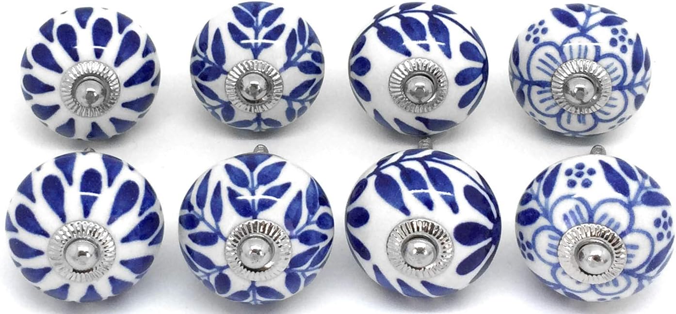 Set of 8 Navy Blue and White Ceramic Door Knobs by These Please S86