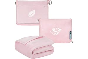 PAVILIA Travel Blanket and Pillow, Arms Opening Airplane Blankets for Adults, Compact Plane Blanket with Arm Hole 2-in-1 Bag for Flight Car Camping Fit in Luggage Backpack Traveler Gift, Pink