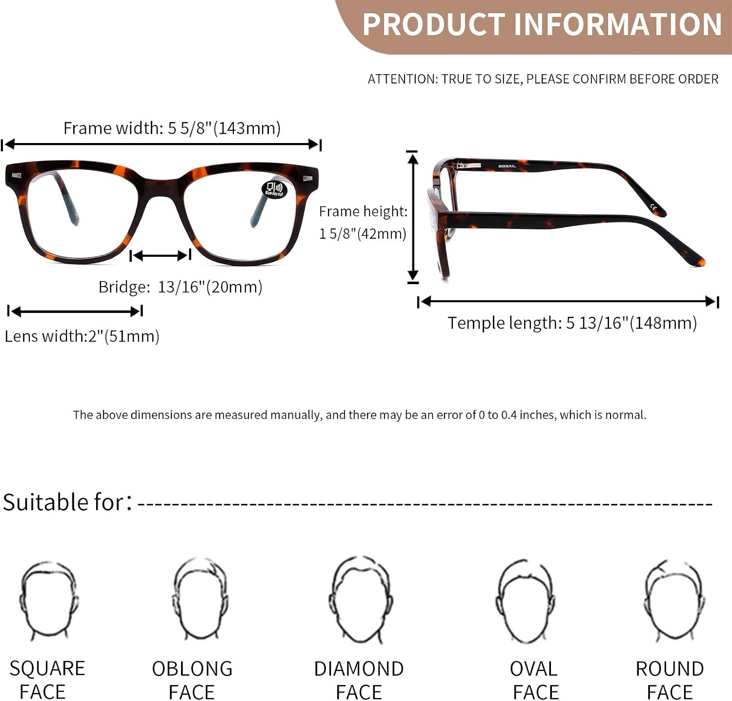 BOSAIL Blue Light Blocking Glasses,Tritan Material Square Frame Eyeglasses for Women Men,Anti UV Eyestrain Gaming Glasses - Image 3