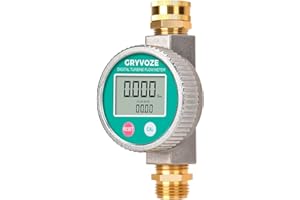 GRYVOZE Metal Water Flow Meter, Garden Hose Flowmeter with Brass Thread and Large Screen for Pool, House, Lawn Sprinkler, Tan