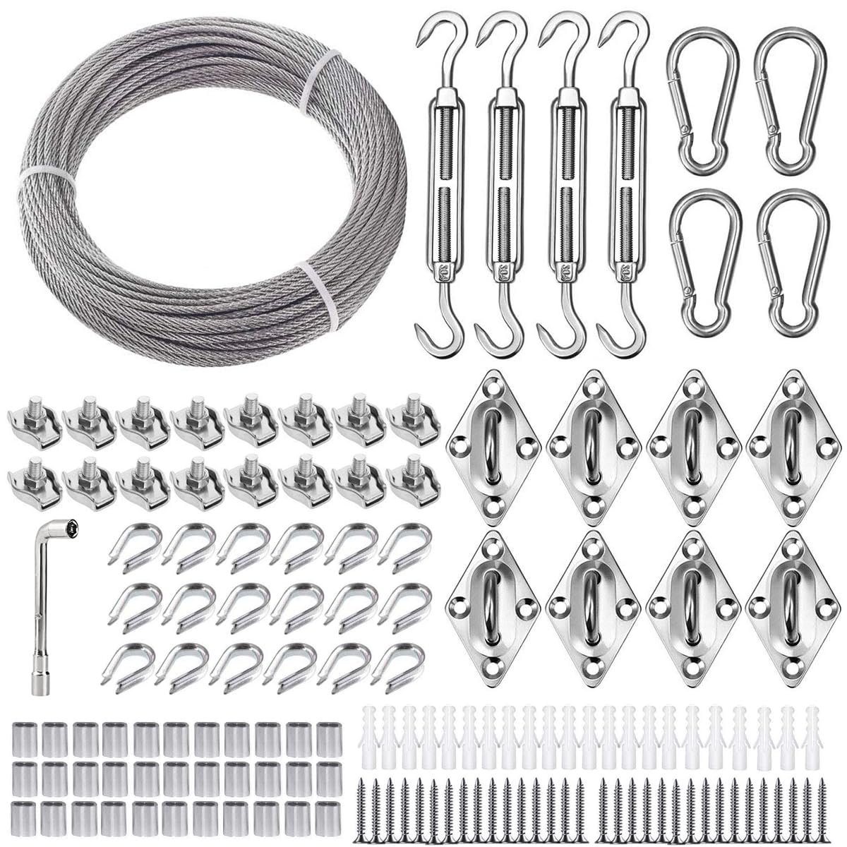 TooTaci 3mm Wire Rope Kit, 3mm PVC Coated Stainless Steel Cable, 30M/3mm Garden Steel Cable 7×7 Strand, Turnbuckle Wire Tensioner, Hook, for Outdoor Lights Hanging, Fencing, Sun Sail Fixing