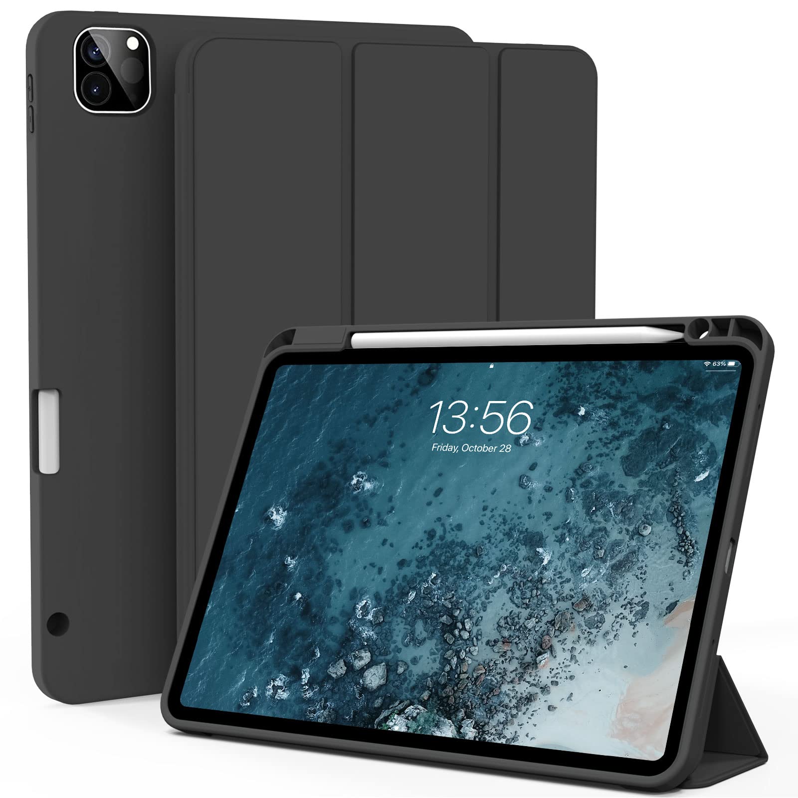 ZOYU Case for iPad Air 13 Inch M3/M2 (2025/2024), Pro 12.9 Inch 6th/5th Generation (2022/2021) with Pencil Holder, Trifold Smart Cover Soft TPU Back, Supprot Touch ID, Auto Sleep/Wake, Black