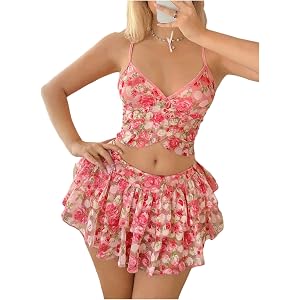 Floerns Women's 2 Piece Holiday Outfit, Floral Crop Cami Top with Ruffle Ruffle and A-line Skirts