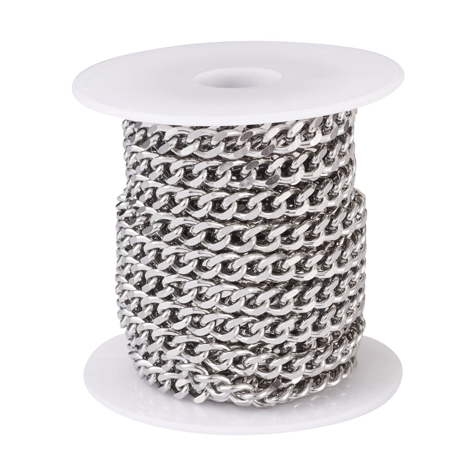 PandaHall 16.4 Feet 304 Stainless Steel Faceted Curb Chains Unwelded Chunky Twist Links with Spool for Jewellery Crafts Making, 7x5x1.3mm
