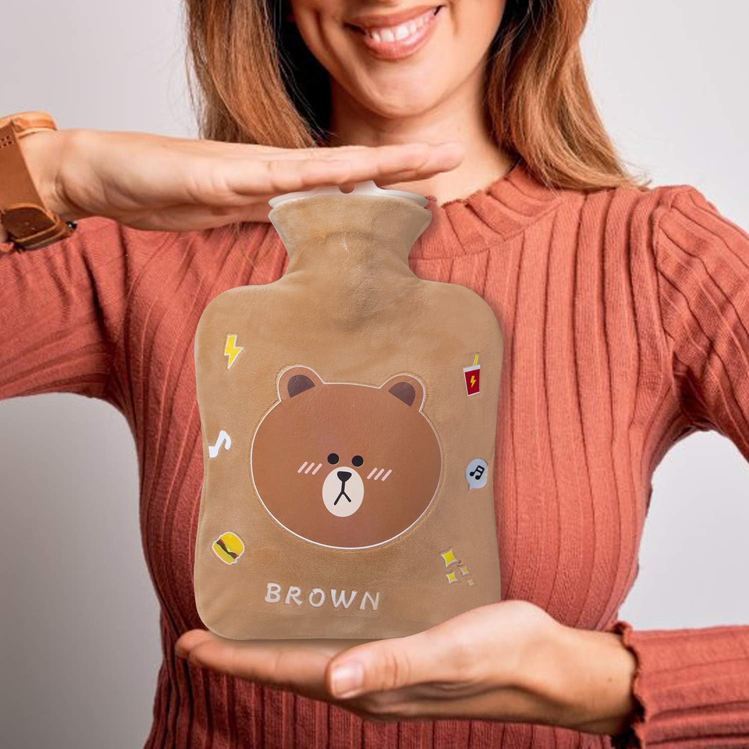 Hot Water Bottle, 1 Liter Water Bag with Cute Fleece Cover, Brown Bear: Health & Personal Care