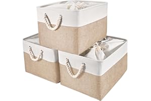 HOdo Home 15.8×11.8×9.5 In/3PCS Fabric Storage Bins with Drawstring Closure and 2 Bold Handles, Collapsible Large Cubes Canvas Baskets for Organizing Shelf Nursery Home Closet (White and Yellow)