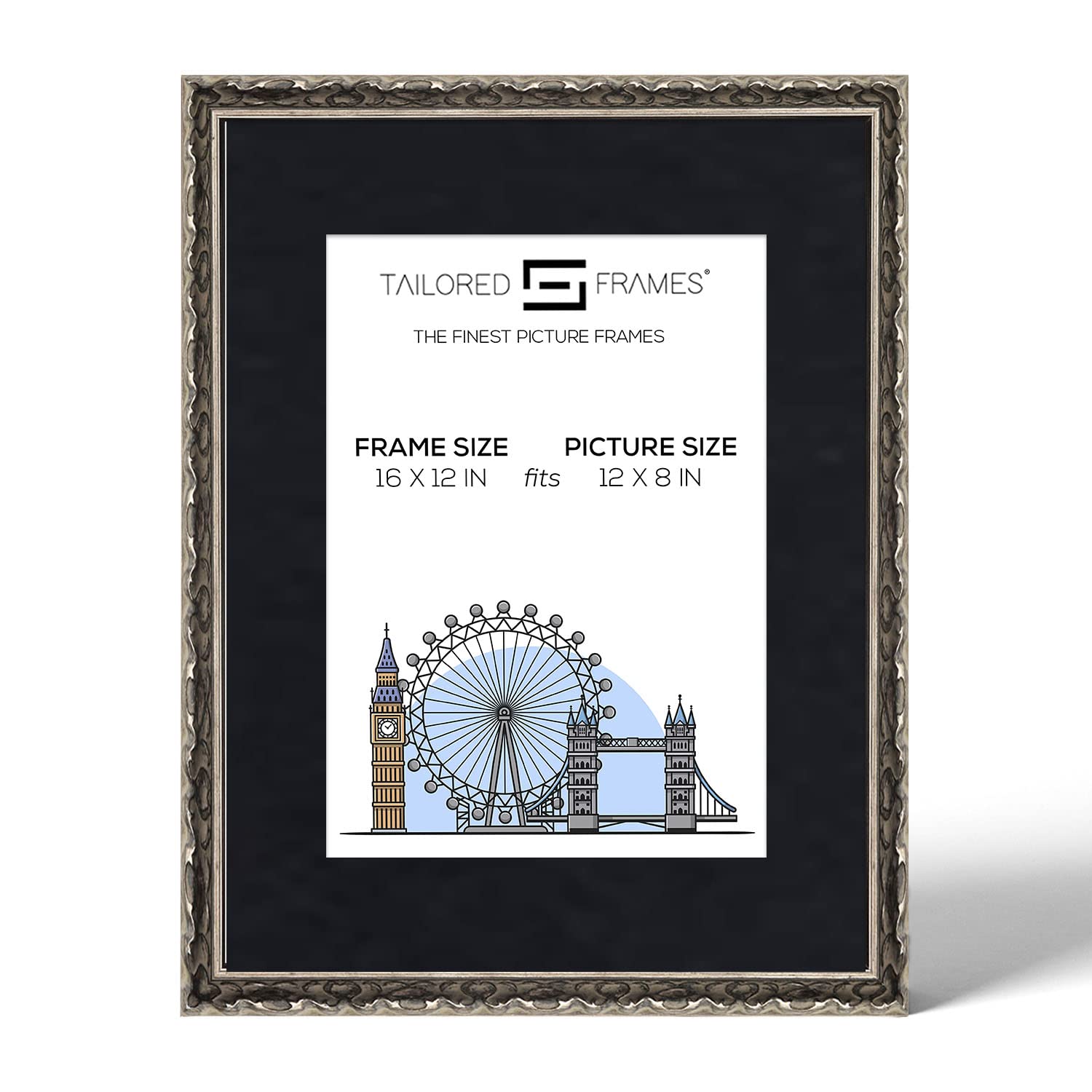 Tailored Frames Vienna Silver 16" X 12" Frame for 12" X 8" Picture | Rustic Style Vintage Single Picture Frame | Wall Hanging Type | Photo Frame with Black Mount