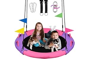 HeyZoo 43 Inch Tree Swing, 900lbs Weight Capacity Saucer Swing Sets for Kids, Come with 360 Degree Swivel and Adjustable Hanging Strap, Pink and Purple
