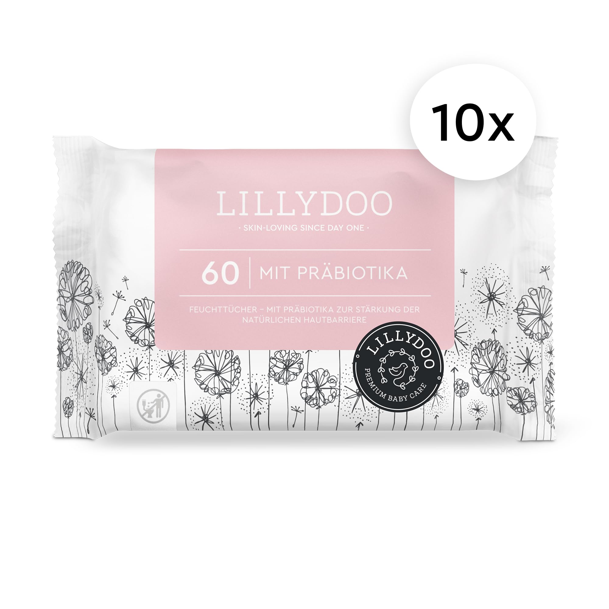 LILLYDOO Feuchttücher mit Präbiotika, 600 Stück (10 x 60), zur Stärkung der natürlichen Hautbarriere, 100% plastikfreies Tuch - sanft & ohne Parfüme, Dermatologisch getestet 2