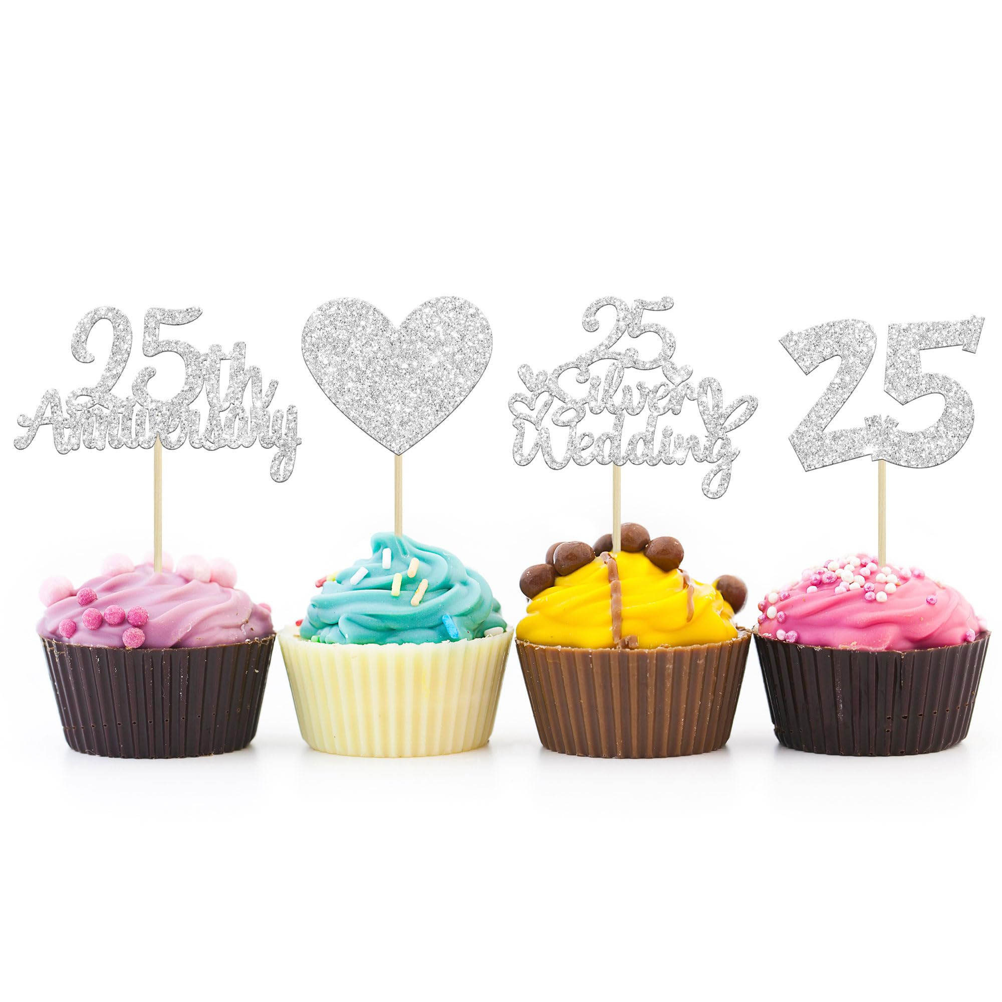 Gyufise 24Pcs 25th Anniversary Cupcake Toppers Silver 25th Wedding Anniversary Heart Cake Decorations for 25 Silver Wedding Celebration Party Supplies Decorations