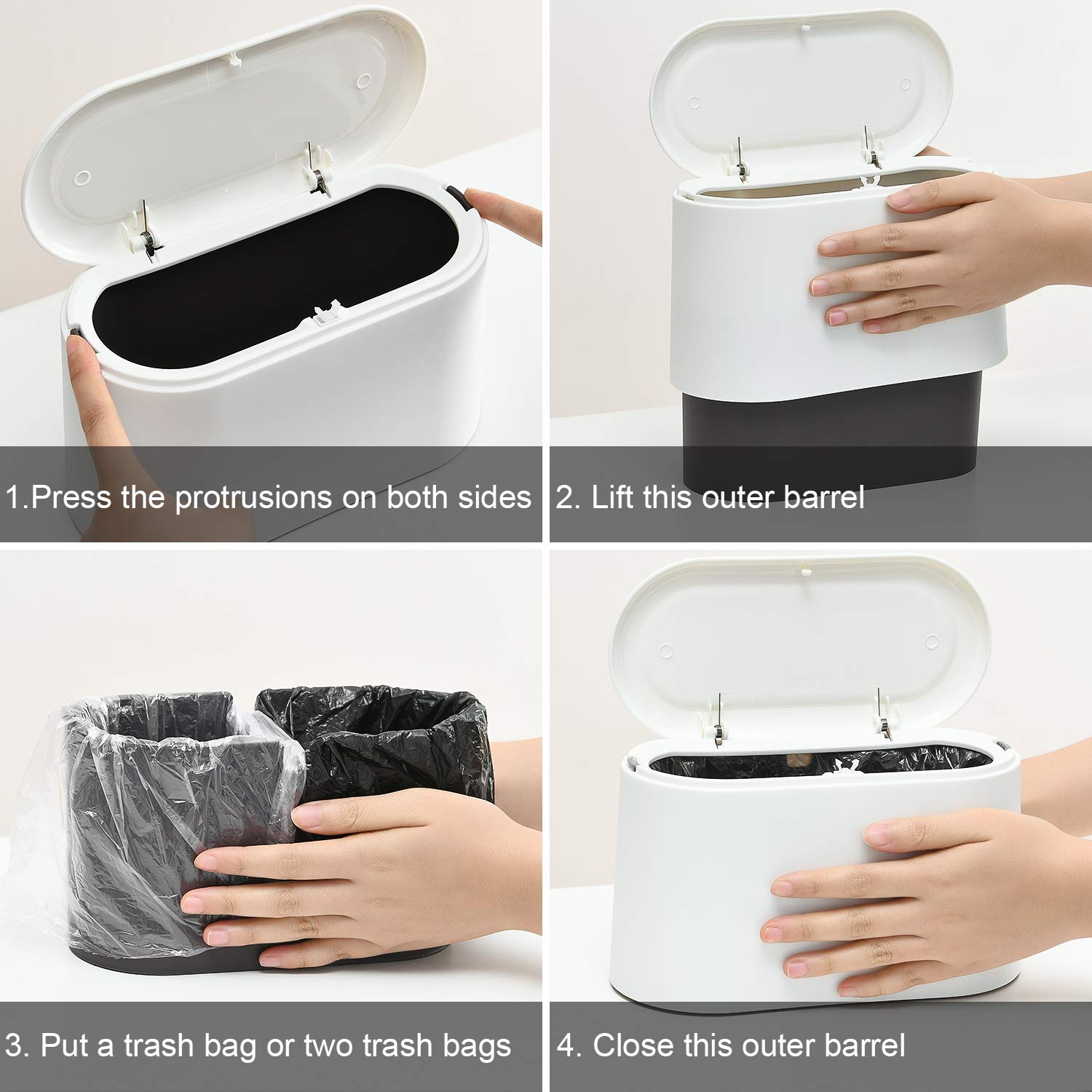 SUBEKYU Mini Trash Can with Lid,Small Desk Trash Can,Countertop Mini Garbage Cans,Tiny Waste Basket,White,with 3 roll Bags