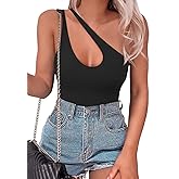SAUNGKUAI Women's Sexy One Shoulder Sleeveless Cutout Thong Bodysuit Tank Top Body Suits V Backless Tummy Control Shapewear