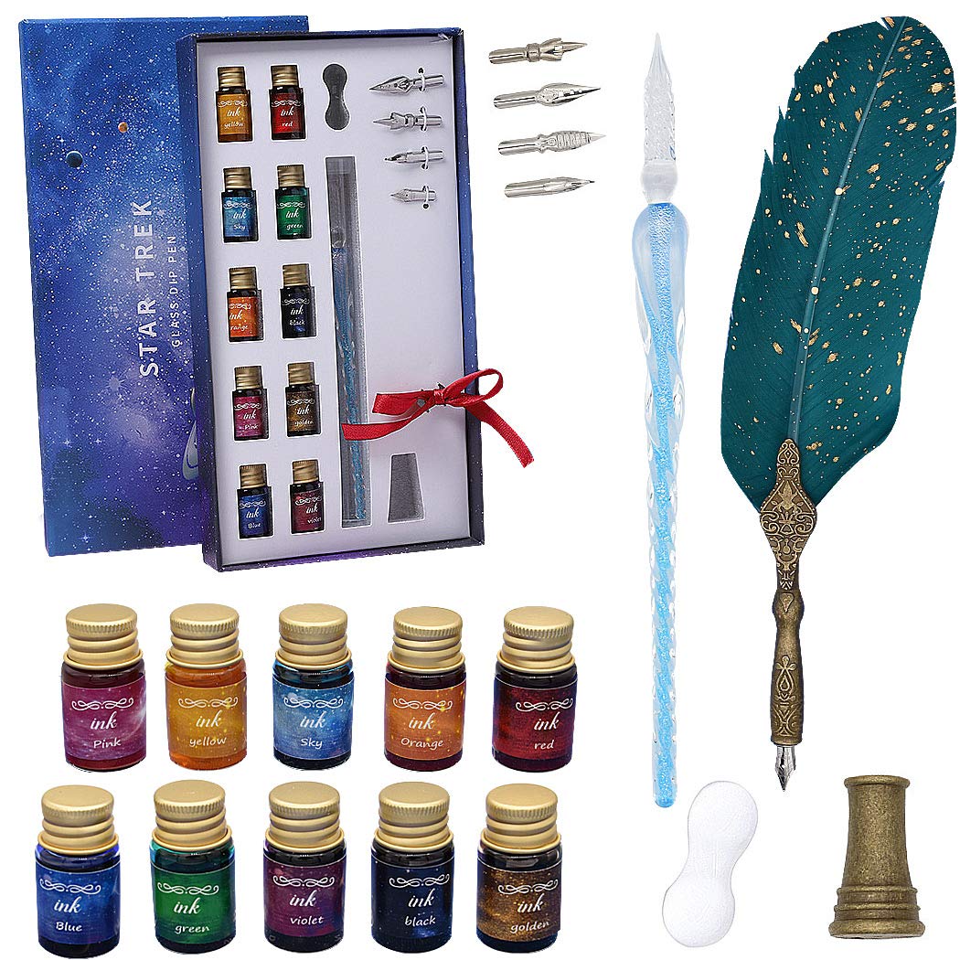 SIPLIV Calligraphy Feather Pen Glass Dip Pen Ink Set, 18 Pcs Gift Set With Feather Dip Pen, Glass Pen, 10 Colors Ink, 4 Replacement Nibs, Glass Pen Rest, Metal Pen Holder, Blue