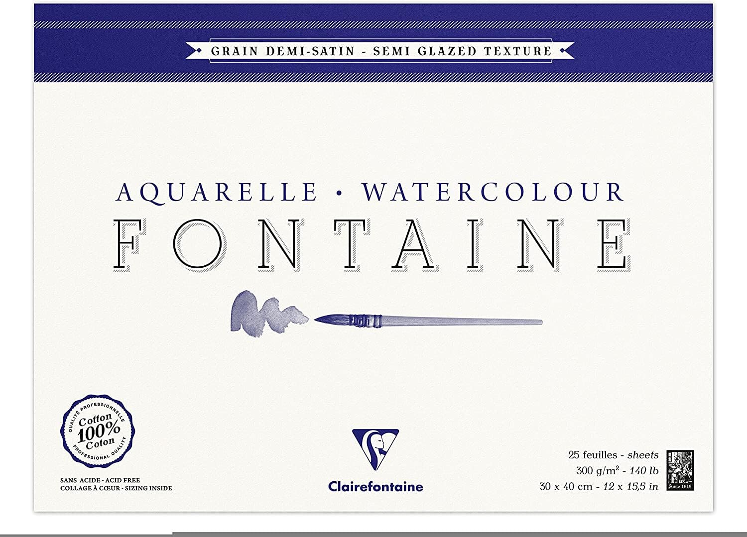 Clairefontaine - Ref 96407C - Fontaine Semi Hot Pressed Watercolour Glued Pad (25 Sheets) - 30 x 40cm Size, 300gsm Paper - Suitable for Watercolour Artwork