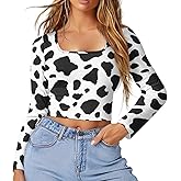 Poetesant Women Long Sleeve Crop Tops Square Neck Trendy Slim Fit T-Shirts Cow Print Tops Basic Tee Shirts