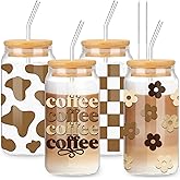 Whaline 4 Pack Boho Drinking Glasses 16oz Daisy Flower Checkered Cow Print Glasses Cup with Bamboo Lids Glass Straw Cleaning Brushes Boho Ice Coffee Cup for Cocktails Whiskey Beer Soda Gifts