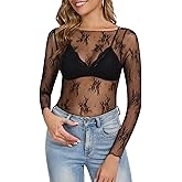 Womens Sheer Mesh Lace Long Sleeve Tops 2025 Trendy Sexy Boat Neck Undershirt Floral Shirts Party Club Night Blouses