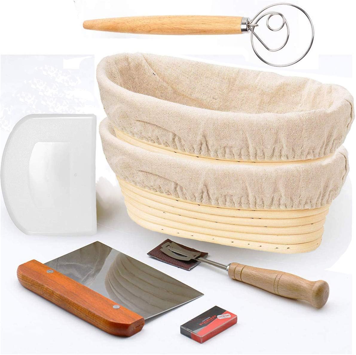 Bread Banneton Proofing Basket, 2 Pack 12" Oval Bread Proving Baskets for Dough Rising (Oval + Whisk)