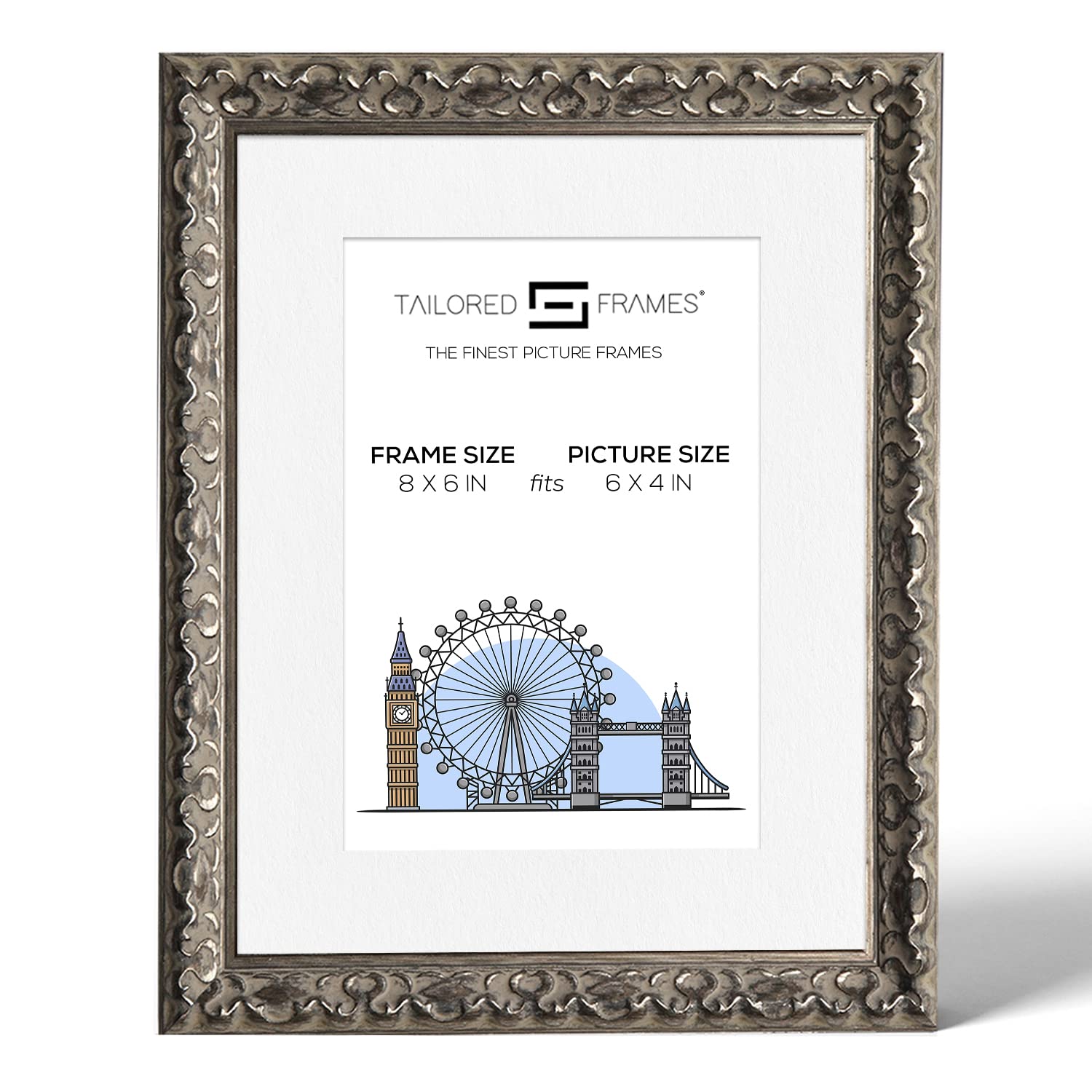 Tailored Frames Vienna Silver 8" X 6" Frame for 6" X 4" Picture | Rustic Style Vintage Single Picture Frame | Table Top & Wall Hanging Type | Photo Frame with White Mount