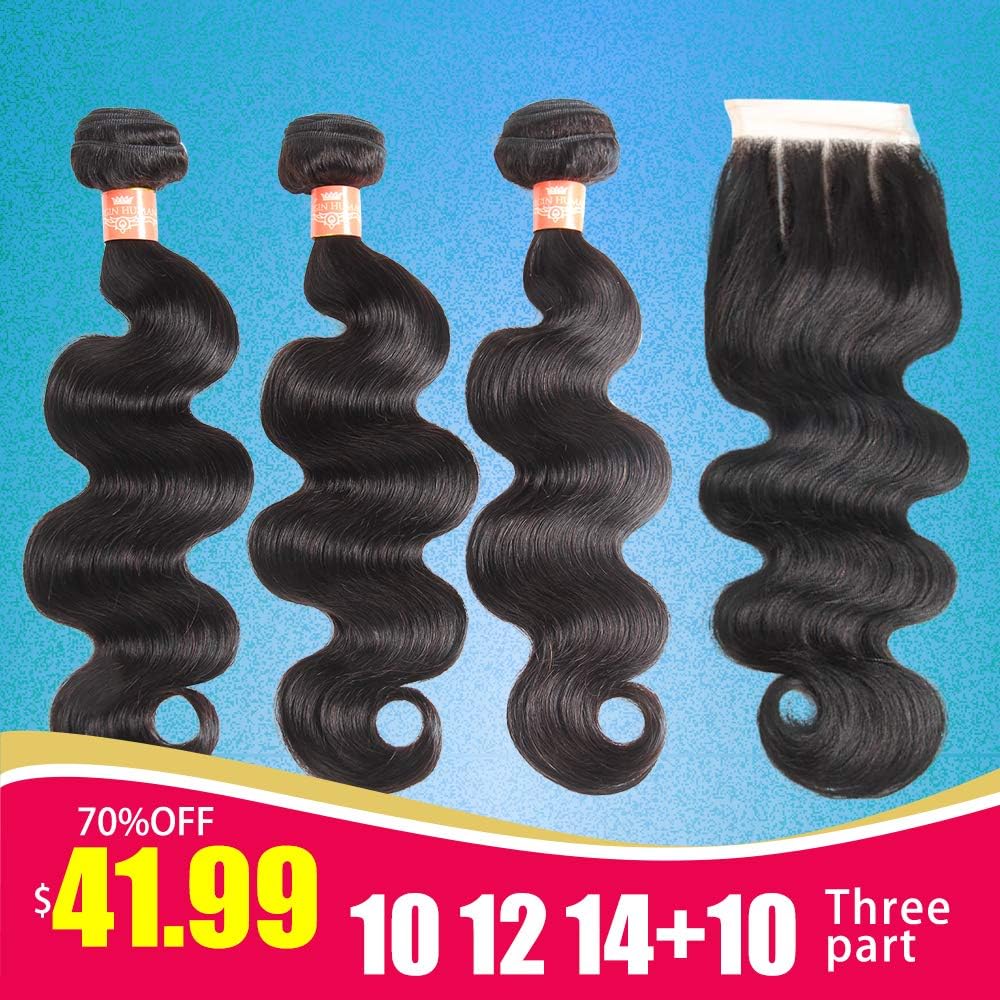 Levergreen Brazilian Body Wave 3 Bundles With Closure 9A Three Part 130% Density Virgin Remy Human Hair for African American 1B Color(10 12 14 with 10 Three Part)