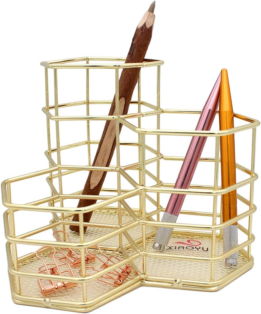 Xiaoyu Pencil Holder, Decorative Metal Pen Cup Holder, Desk Stationery Storage Organizer for Home School and Office, Gold