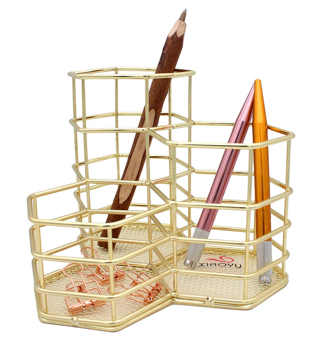 Xiaoyu Pencil Holder, Decorative Metal Pen Cup Holder, Desk Stationery Storage Organizer for Home, School and Office, Gold