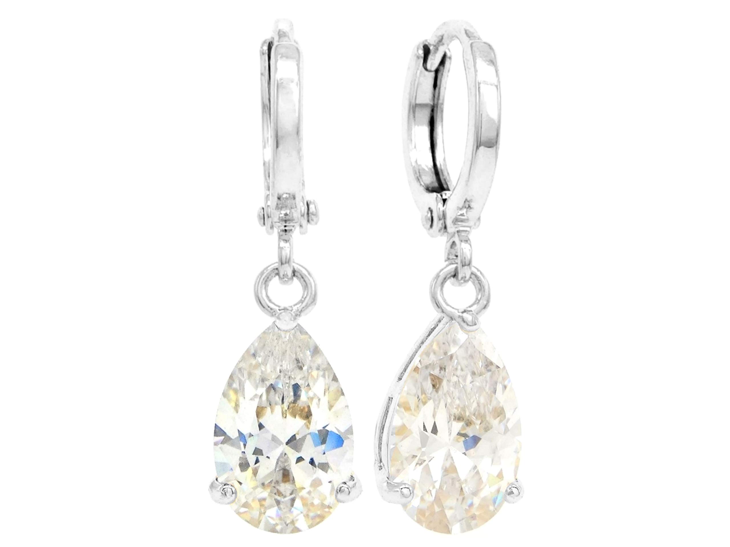 Genuine 18ct white gold plated drop dangle earrings with clear white pear gemstones and purple jewelry bag with black gift box (White)