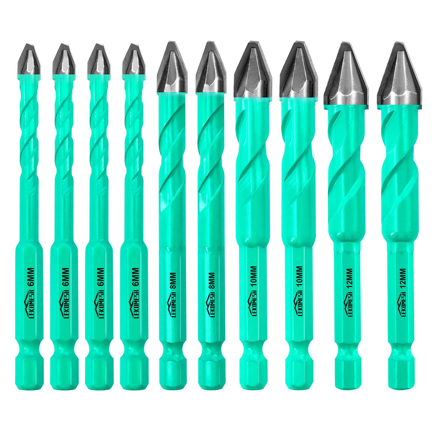 LEKOMESH Masonry Drill Bits Set - 10pcs 6mm*4+8mm*2+10mm*2+12mm*2 Concrete Drill Bits Set Ceramic Drill Bit Carbide for for Wood, Plastic, Masonry, Ceramic Tile, Marble, Glass, Quick Change Hex Shank
