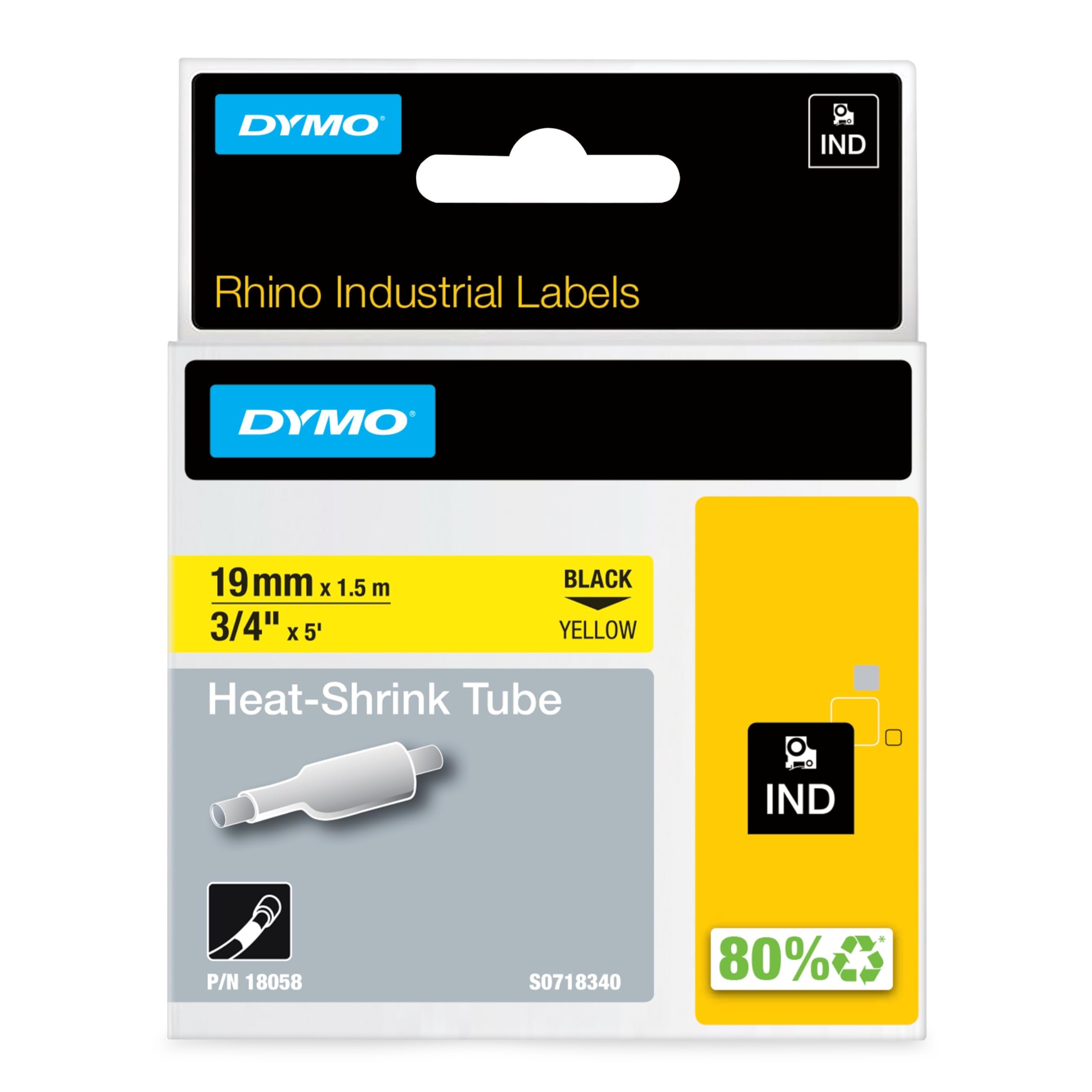 DYMO Rhino Industrial Heat-Shrink Cable Label Tubes | 19 mm x 1.5 m | Black Print on Yellow | for Rhino Label Makers