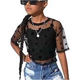 BEAUDRM Girl's 2 Piece Concert Outfits Star Mesh Crop Tops Kpop Outfits | Star Graphic, Crew Neck, Short Sleeve, Sheer Shirt with Camisole, Girls Y2k Clothes