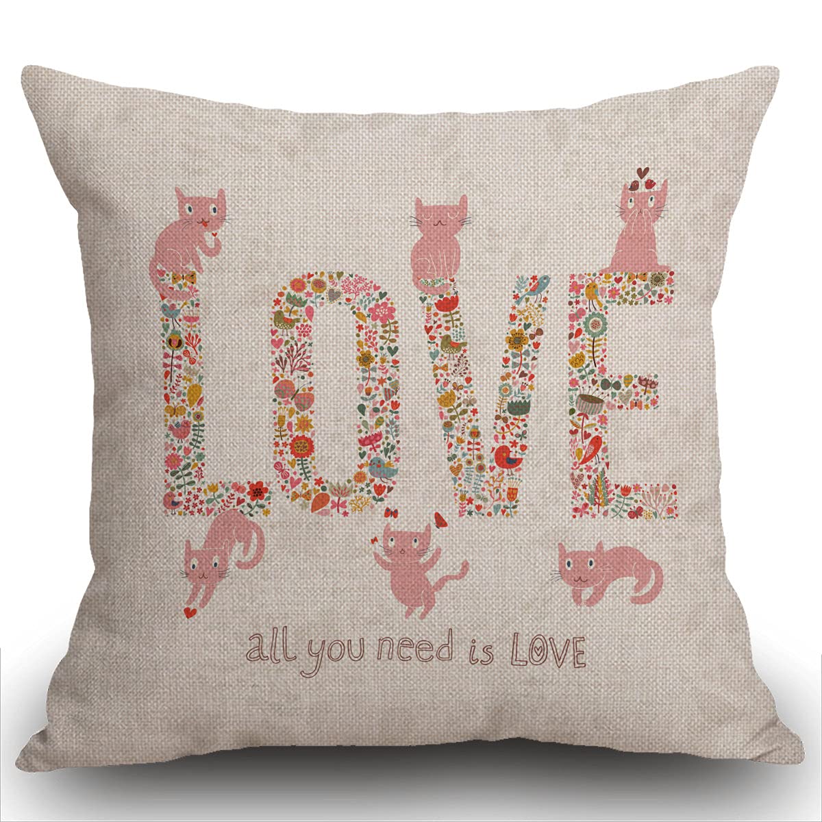 Smooffly Love Cushion Covers, Romantic Word Love with Birds Flowers and Cute Cat Farmhouse Pattern Cotton Linen Decorative Throw Pillow Covers Pillow Cases for Sofa 18x18 inches — image 1