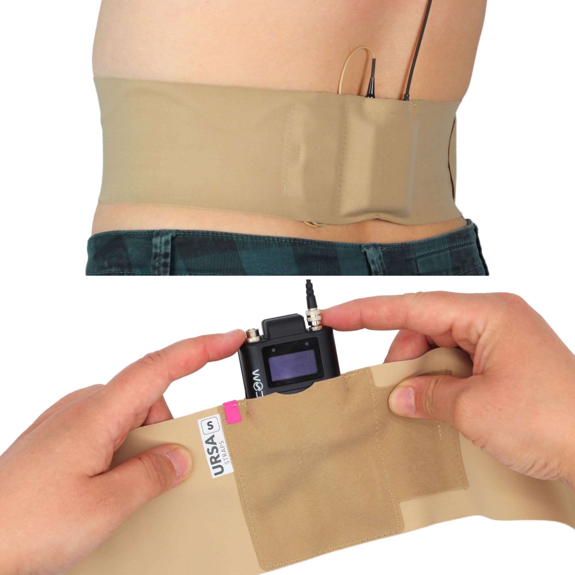 URSA Waist Strap - Ultra Slim, Breathable & Stretchy Microphone Transmitter Straps. Compatible with Most Transmitter/Receivers (Beige, Small Waist - Small Pouch)