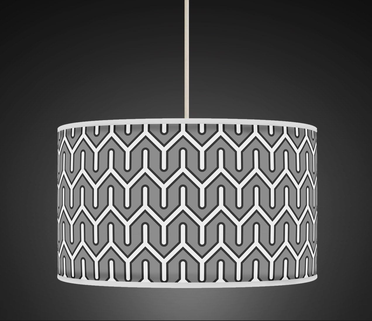20cm (8") Grey Retro Geometric Handmade Printed Fabric Lamp Drum