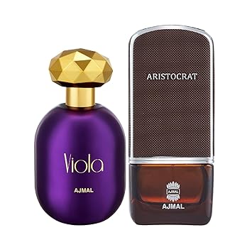 Ajmal Viola EDP Fruity Floral Perfume 75ml for Women and Aristocrat EDP Citrus Woody Perfume 75ml for Men + 2 Parfum Testers FREE