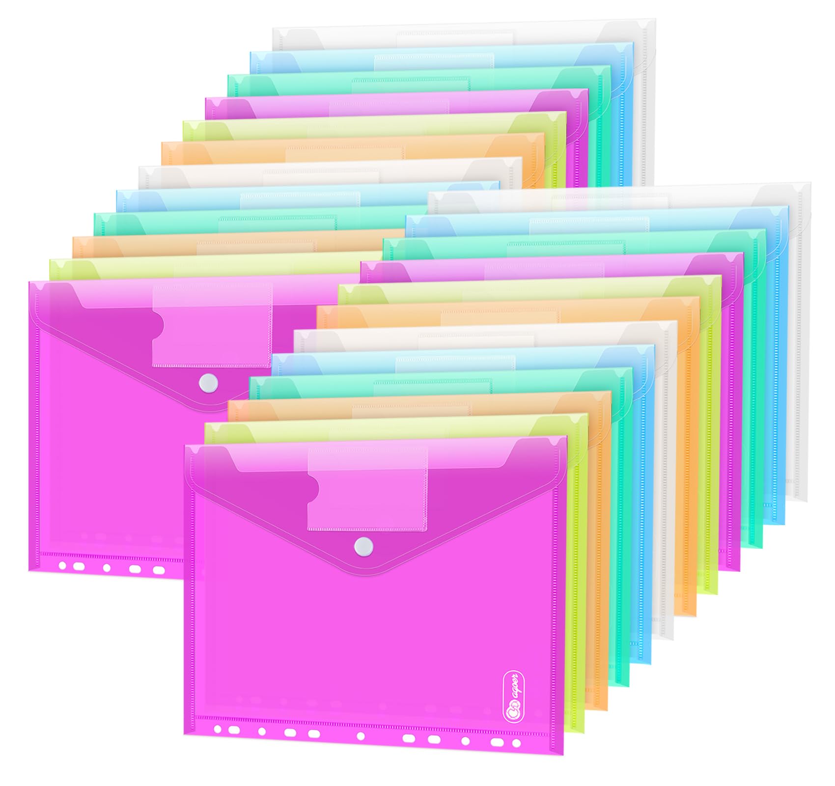 Agoer 24Pcs Assorted 6 Colours Plastic Wallets with Label Pocket, 11 Hole Polly Pocket A4 with Snap Button, Plastic Envelopes for Teacher Supplies, Office