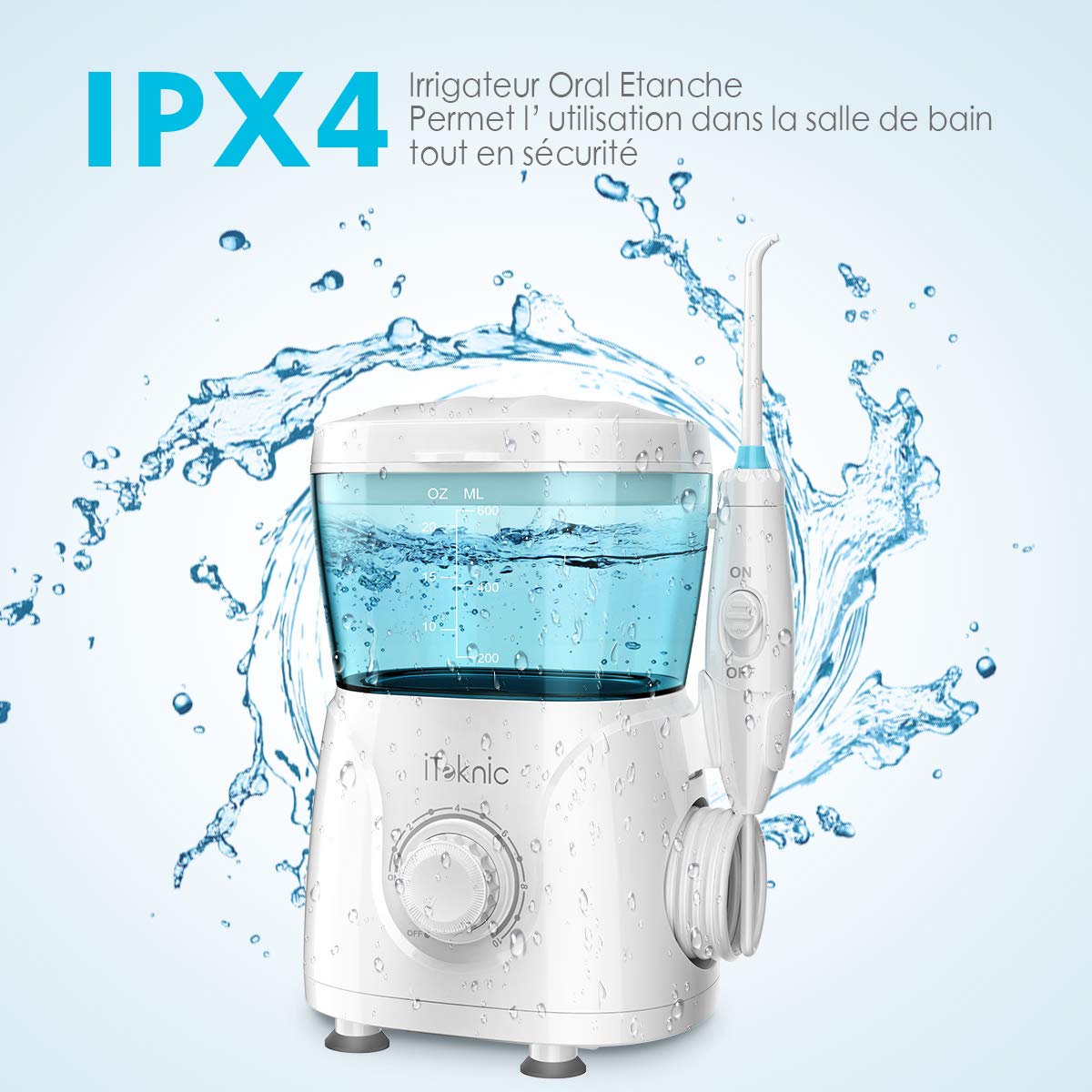 Hydropulseur Jet Dentaire Électrique iTeknic Irrigateur Dentaire Oral Professionnel avec 7 Buses de Rechange Rotation 360°, 10 Pressions Réglables et Réservoir d’Eau 600ML Hydropropulseur Hydrojet d’Eau Dentaire pour Soins Nettoyage Hygiène