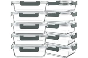 KOMUEE 10 Packs 30 oz Glass Meal Prep Containers,Glass Food Storage Containers with Lids,Airtight Glass Lunch Bento Boxes,Microwave,Freezer and Dishwasher,Gray