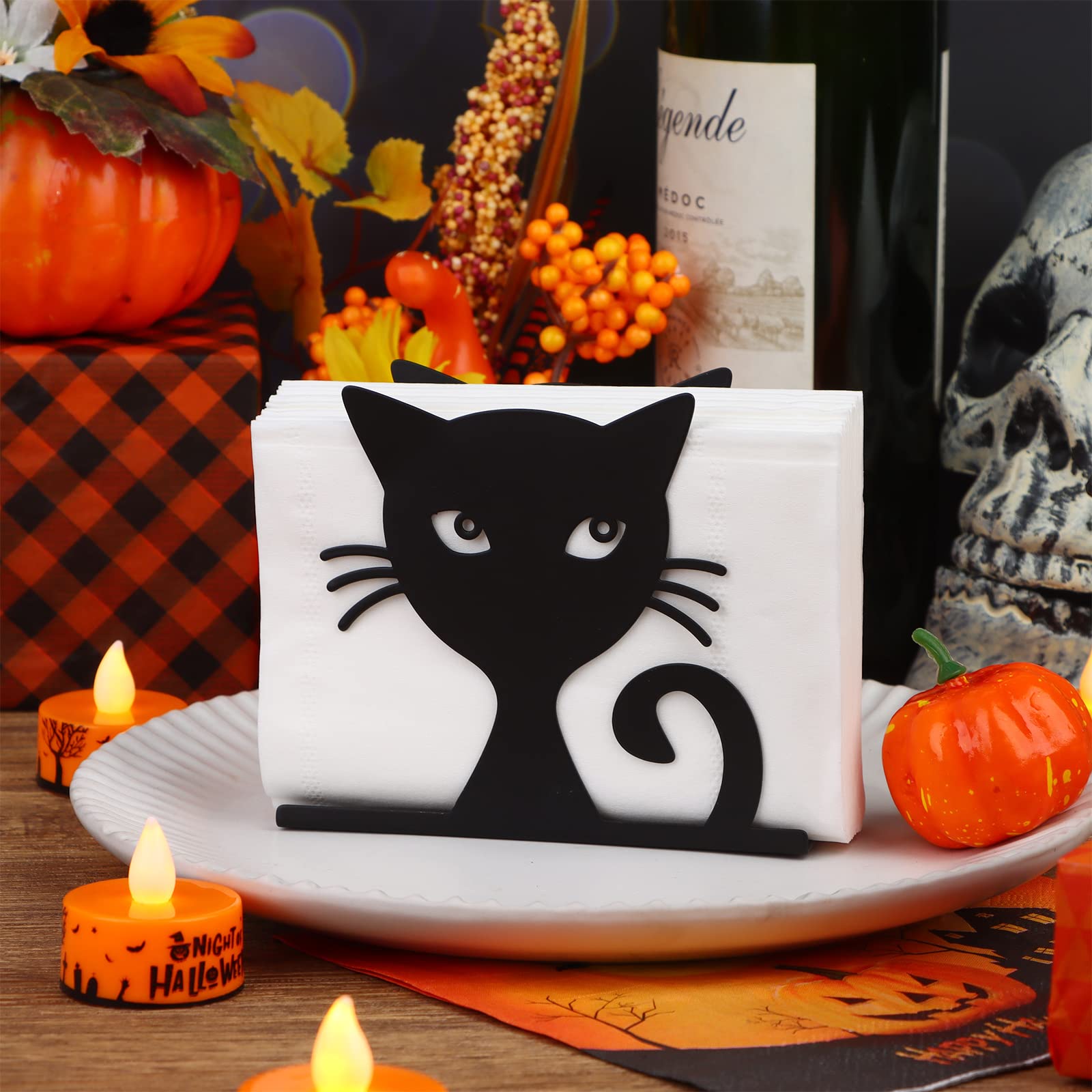 Photo 1 of 2 Pcs Halloween Napkin Holder for Table Metal Black Cat Design Paper Napkin Holder Stand Decorative Tissue Dispenser Farmhouse Napkins Holder for Dinner Kitchen Restaurant Home Decor Bar