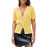 Tanming Womens Pullover Sweaters Solid Trendy Deep V Neck Button Up Waist Cinched Short Sleeve Knit Sweater Tops
