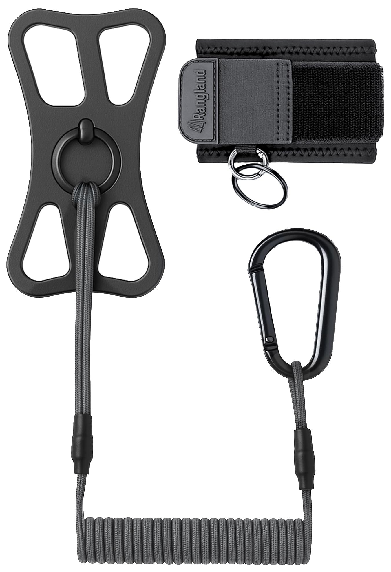 RANGLAND ACTIV-X Cell Phone Tether and Carabiner with Neoprene Wrist Mount Option Included (Universal Size-Fit) Ultra Secure Phone Lanyard with Bungee Cord (Grey Black)