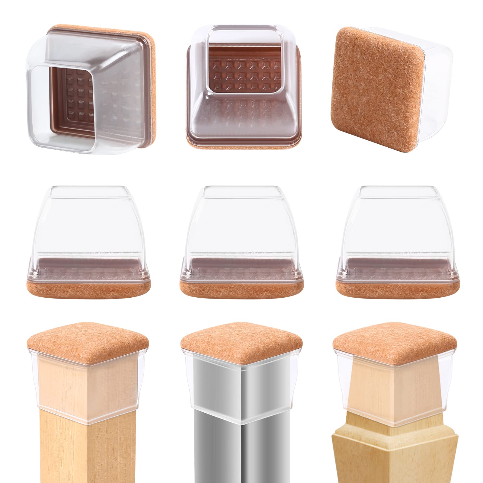 RCHYFEED 1.4-1.8'' Chair Leg Caps Floor Protectors with Felt Sliders, 24PCS Clear Furniture Leg Caps Cups Gliders for Protecting Hardwood Floors from Scratches, Furniture Table Leg Covers Square