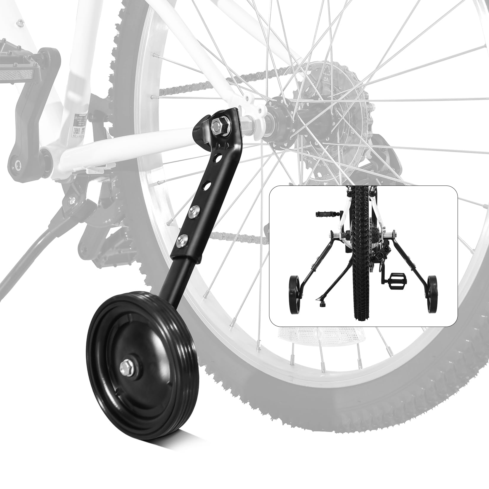 Photo 1 of HUASION Multi-speed Kids Bike Training Wheels Fits 16", 18", 20",22", 24" Bikes, Adjustable for Variable Speeds Includes Stabilizers Kits, 1 Pair, Black