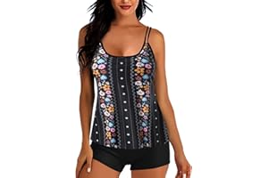 LEHOZIHEQ Modest Tankini Swimsuits for Women Two Piece Bathing Suits Floral Print Flowy Tank Top with Boyshorts