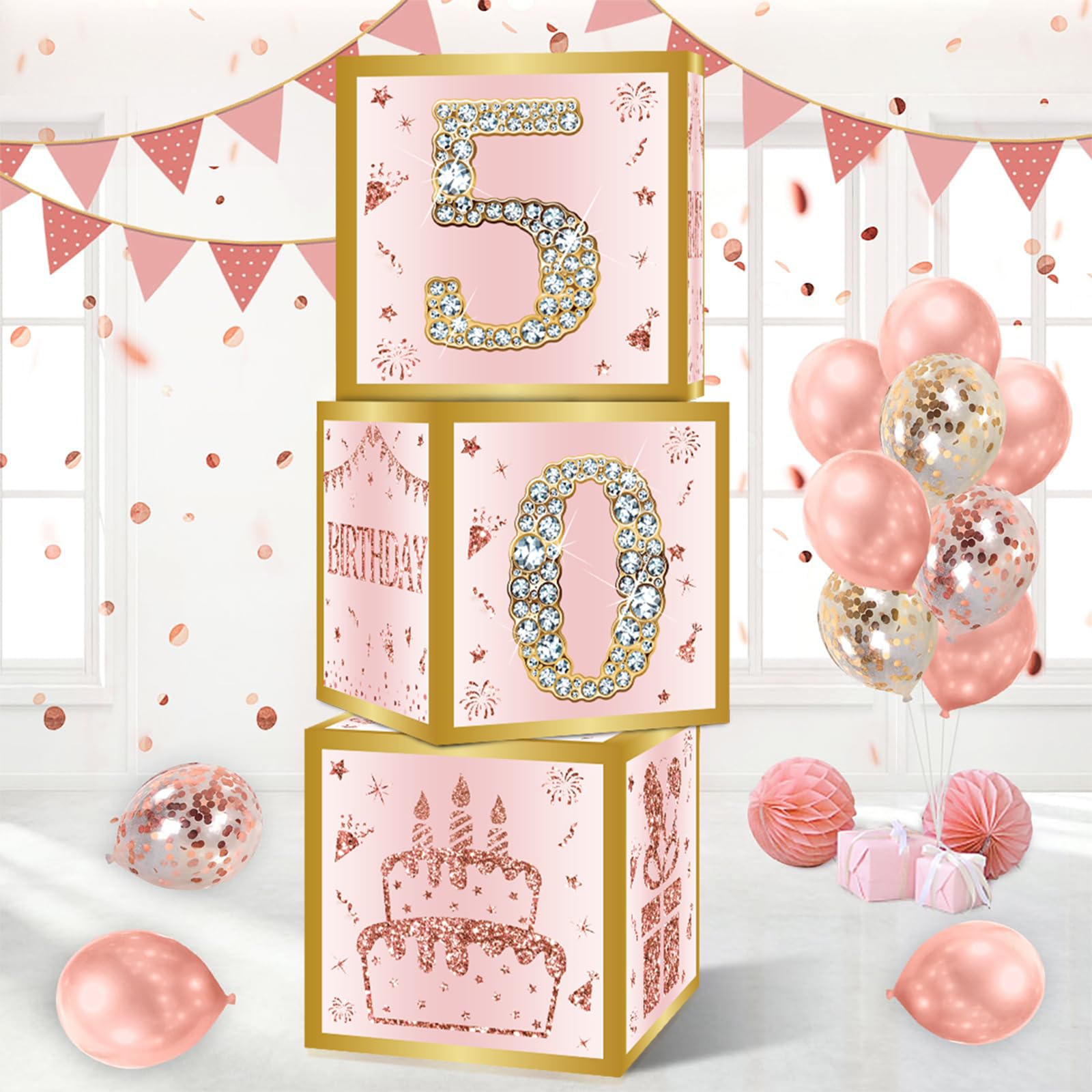 Photo 1 of 50th Birthday Decorations Boxes for Women - 3PCS Pink Rose Gold Happy 50th Birthday Balloons Boxes,Fifty Year Old Birthday Theme Cardboard Box Decor