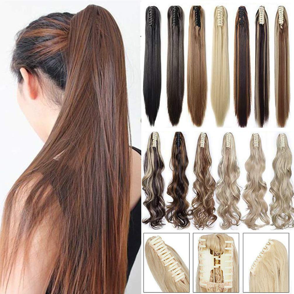 26" Long Claw Ponytail Hair Extension Clip in on Ponytail with a Jaw Claw Ombre Synthetic Hair Natural Straight Cute Hairpiece Dark Brown mix Sandy Blonde